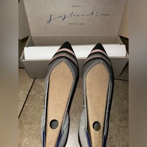 BNIB Rothy's Point Inverse Grey & Pink Stripe Flats size 10.5. Brand-new w/forms